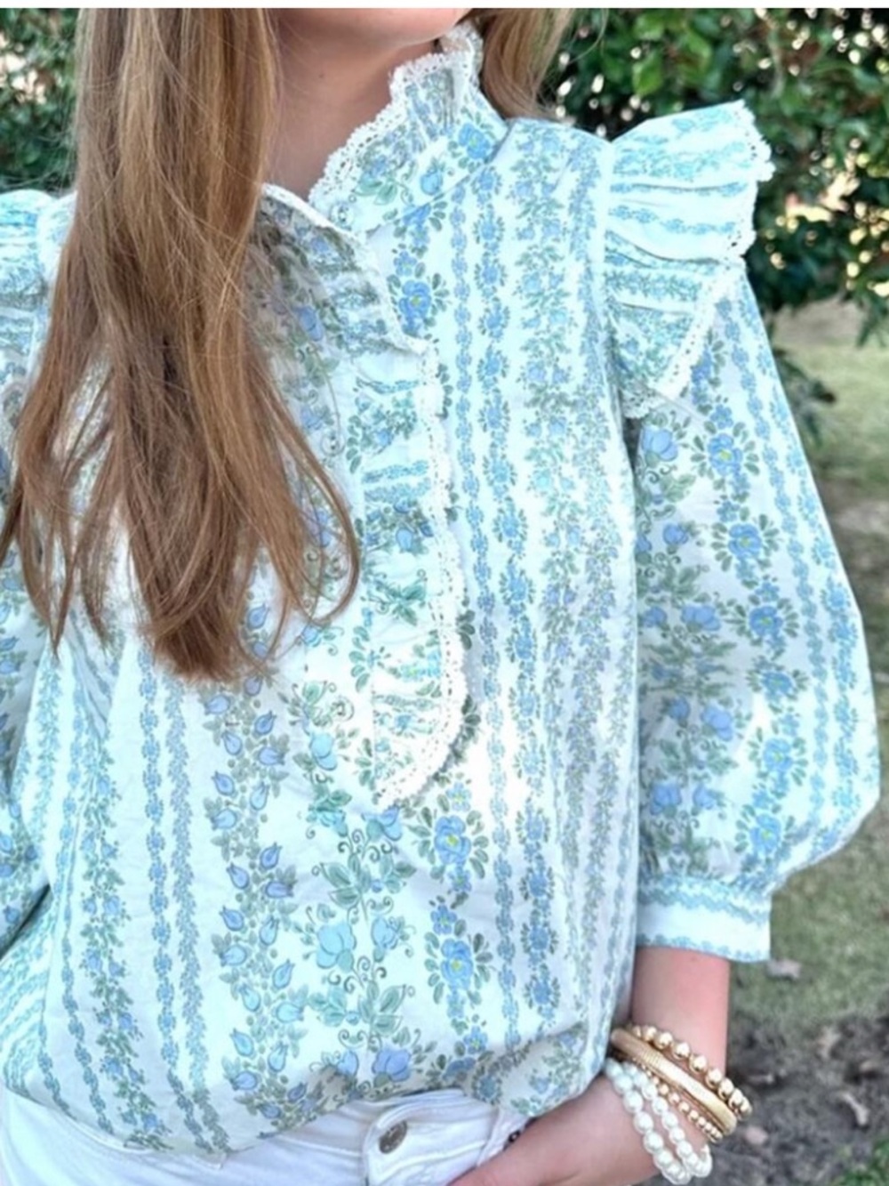 Women's Blouse Large Top Spring Cotton Crochet Coquette Victorian Garden Floral
